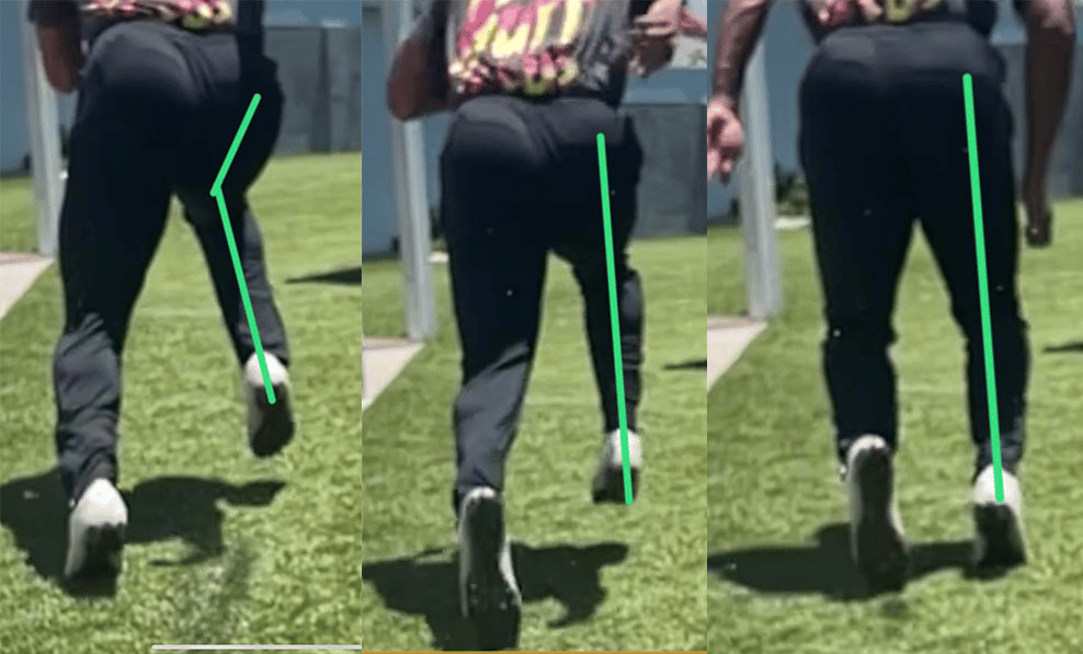 The hip going from internal rotation to external rotation going into ground contact