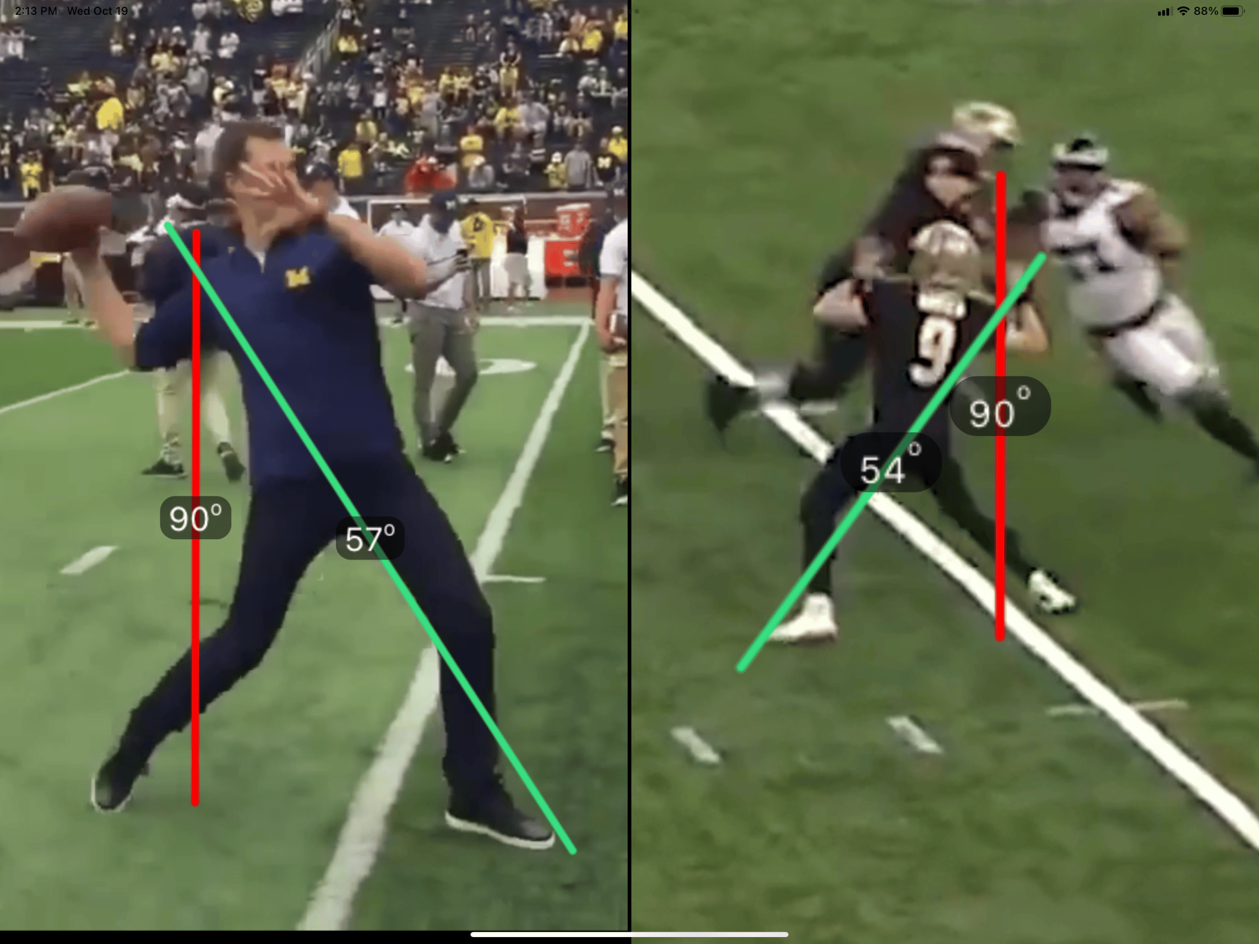 Tom Brady and Drew Brees different heights but still similar angles.